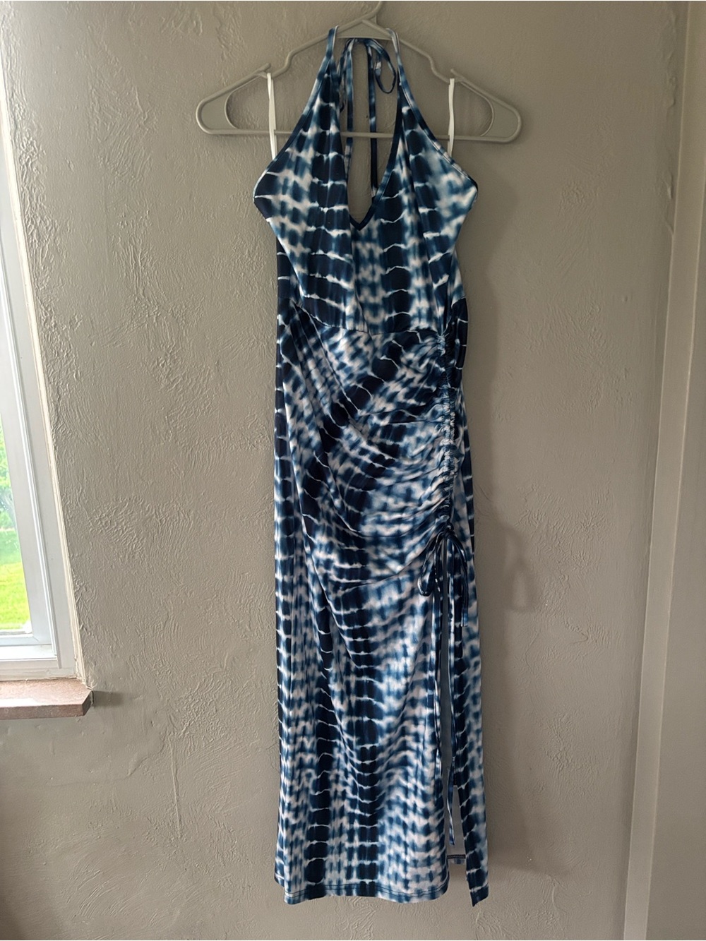 SHEIN Blue and White Tie-Dye Maxi Dress with Ruched Side